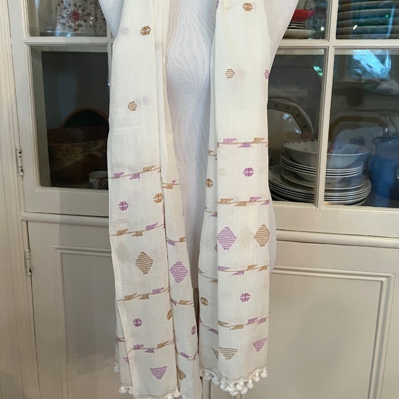 Matta Cotton Pom Pom Scarf, White Purple & Green, 22 x 73 Inches - Picture 1 of 4